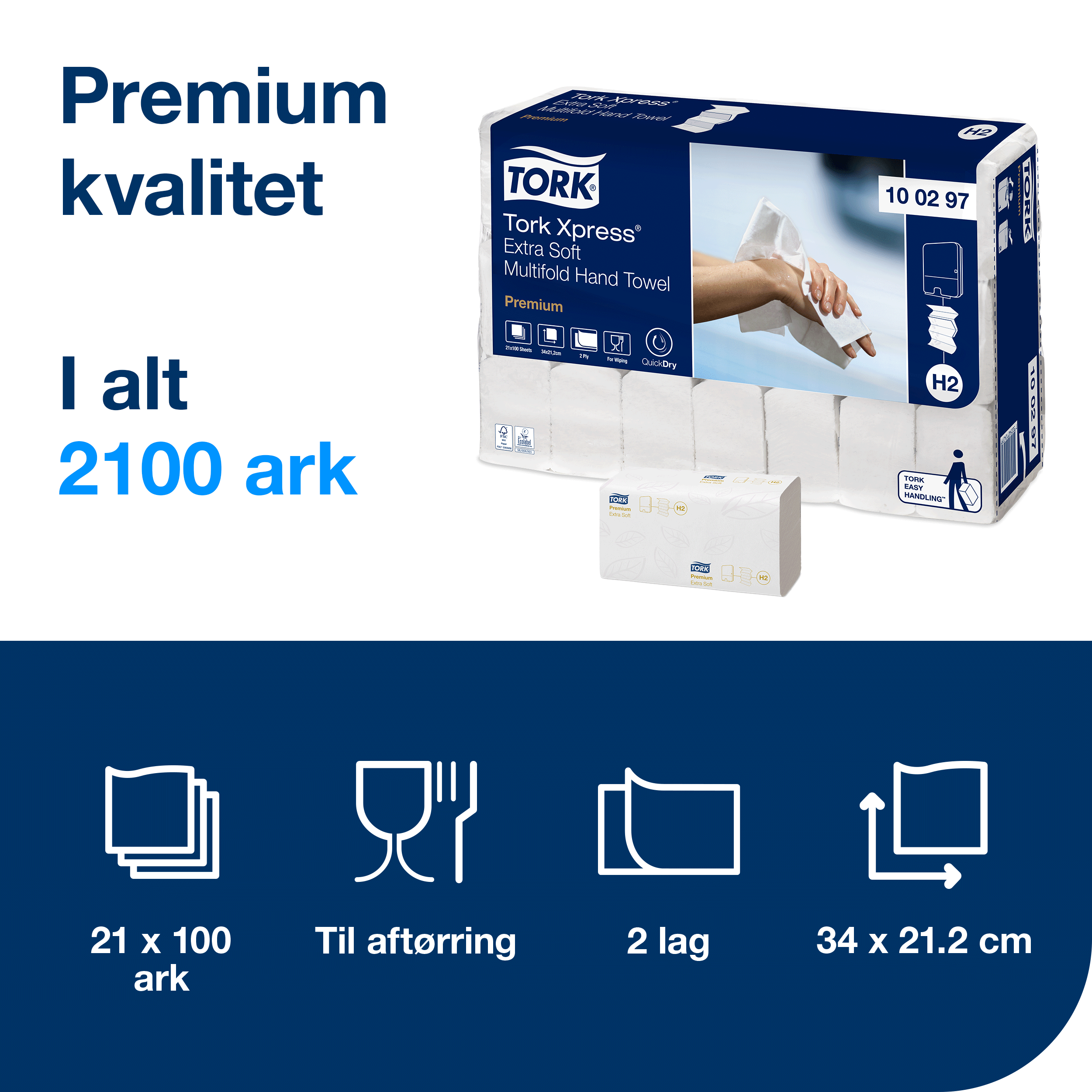 Tork Xpress Premium Extra Soft Multifold Hndkldeark, H2, 2 lags, Hvid (21 x 100 ark) - 100297