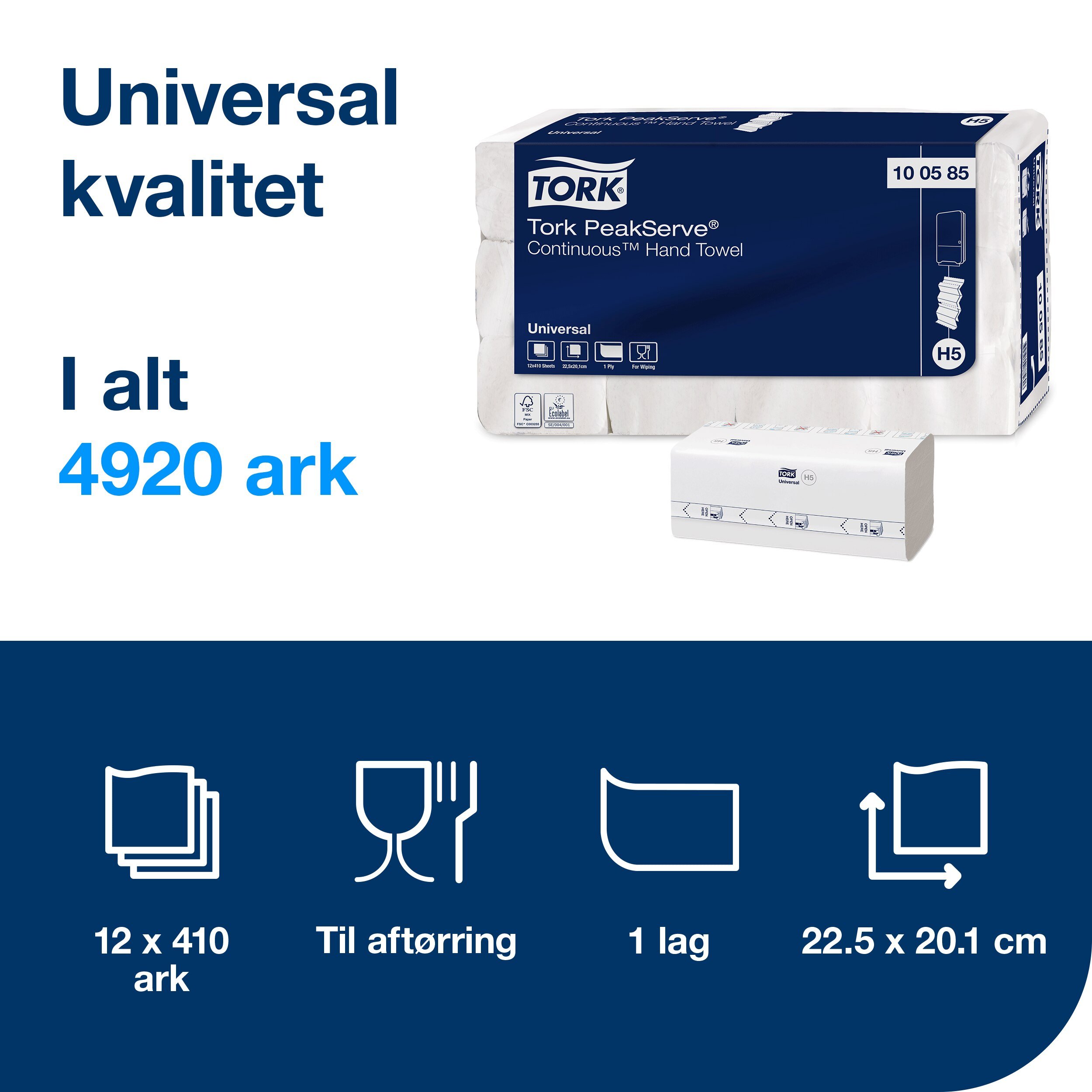 Tork PeakServe Continuous Hndkldeark, H5, 1 lags, hvid (12 x 410 ark) - 100585