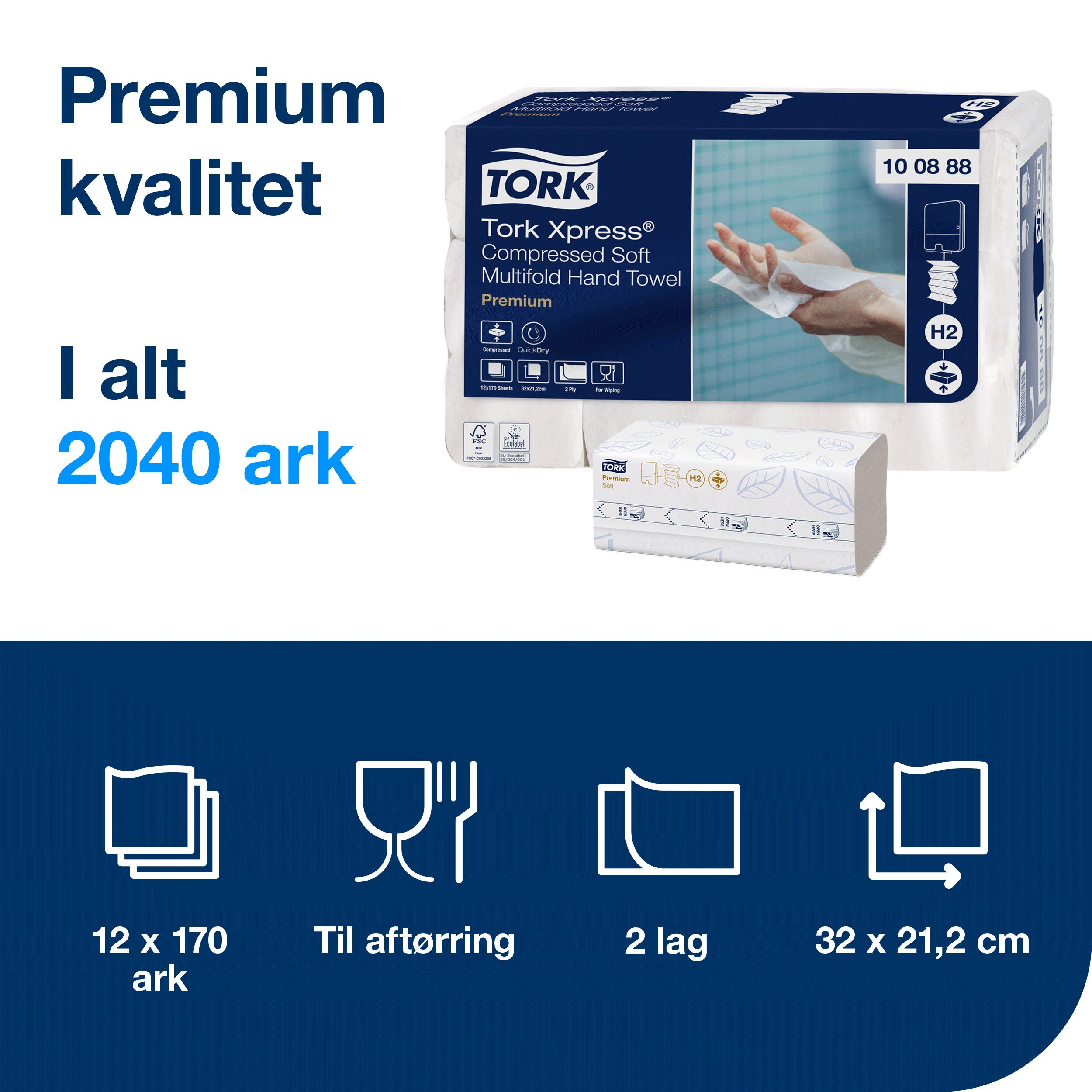 Tork Xpress Soft Multifold Hndkldeark Komprimerede, Hvide H2, Premium, 2-lags, M-fold, Large, 12 