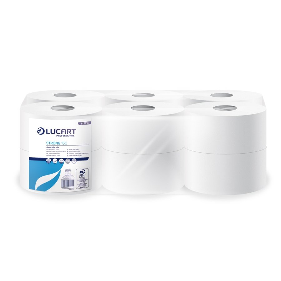 Lucart Toiletpapir Jumbo Mini Strong 150, B8.5cmxL150m, 2-lags m. Hylse Hvid Nyfiber, 12 rl.