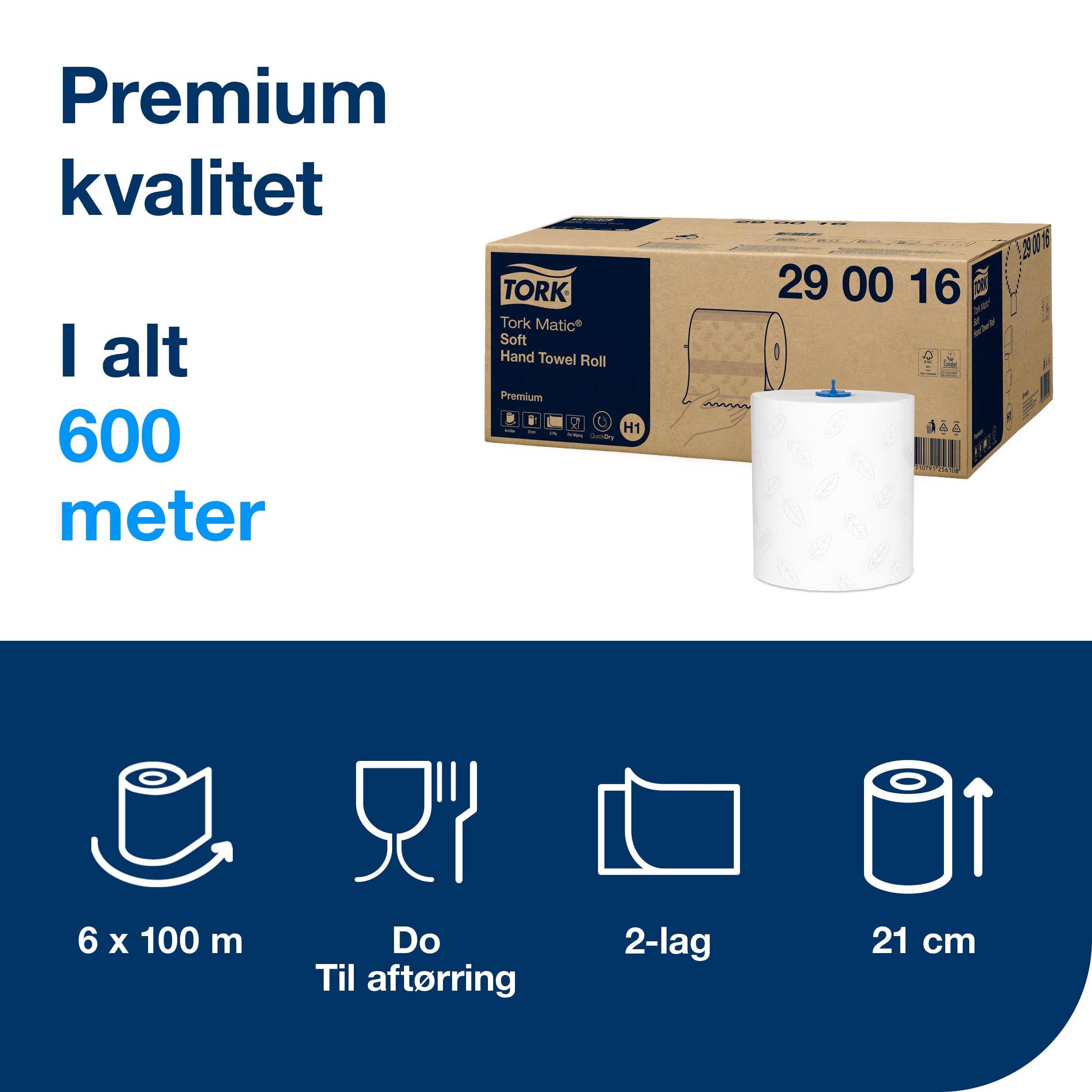 Tork Matic Soft Hndkldeark p rulle - H1 Premium, hvid (6 ruller) - 290016