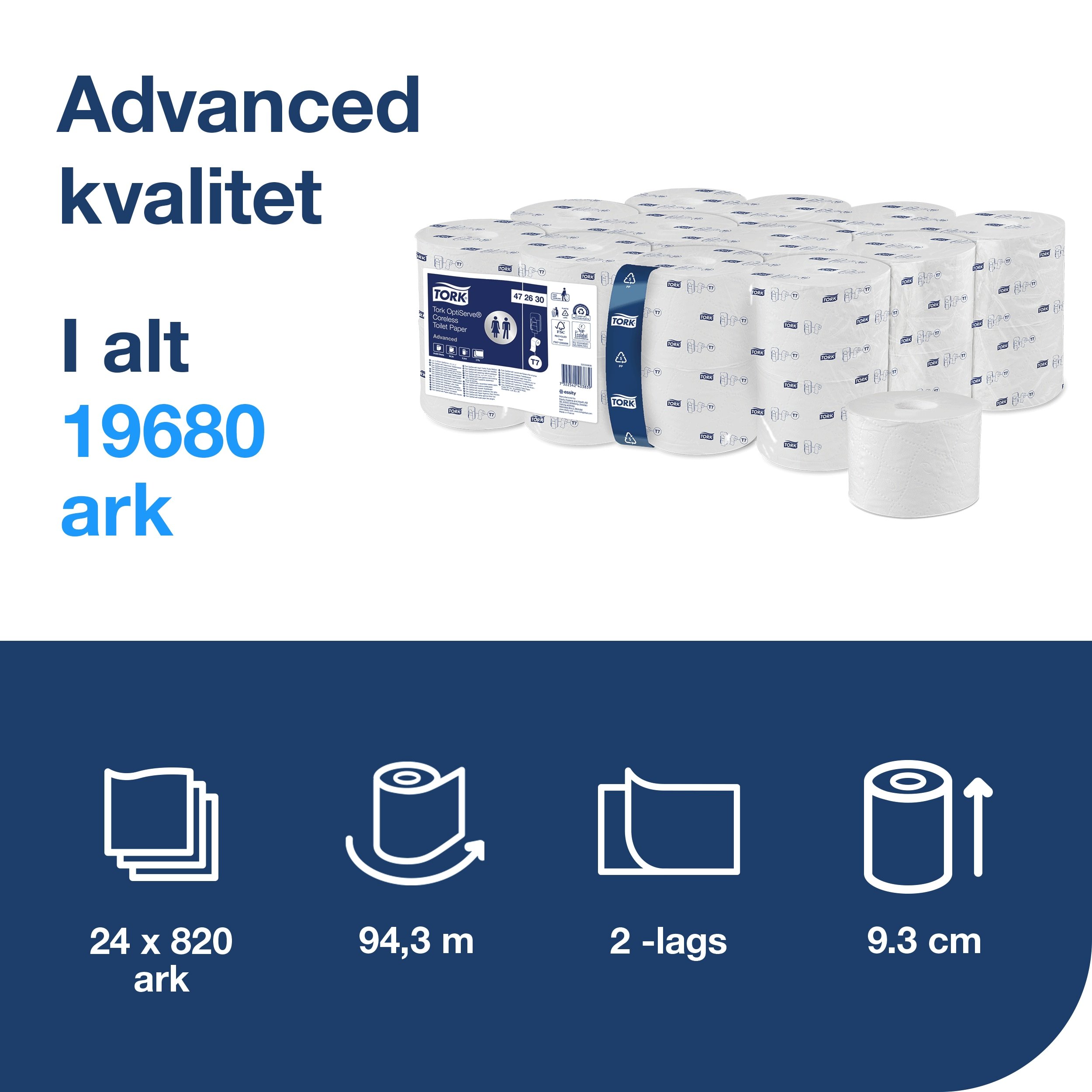 TORK Toiletpapir T7 2-lag 94,3m 24 rl u. hylse (Compact) - 472630