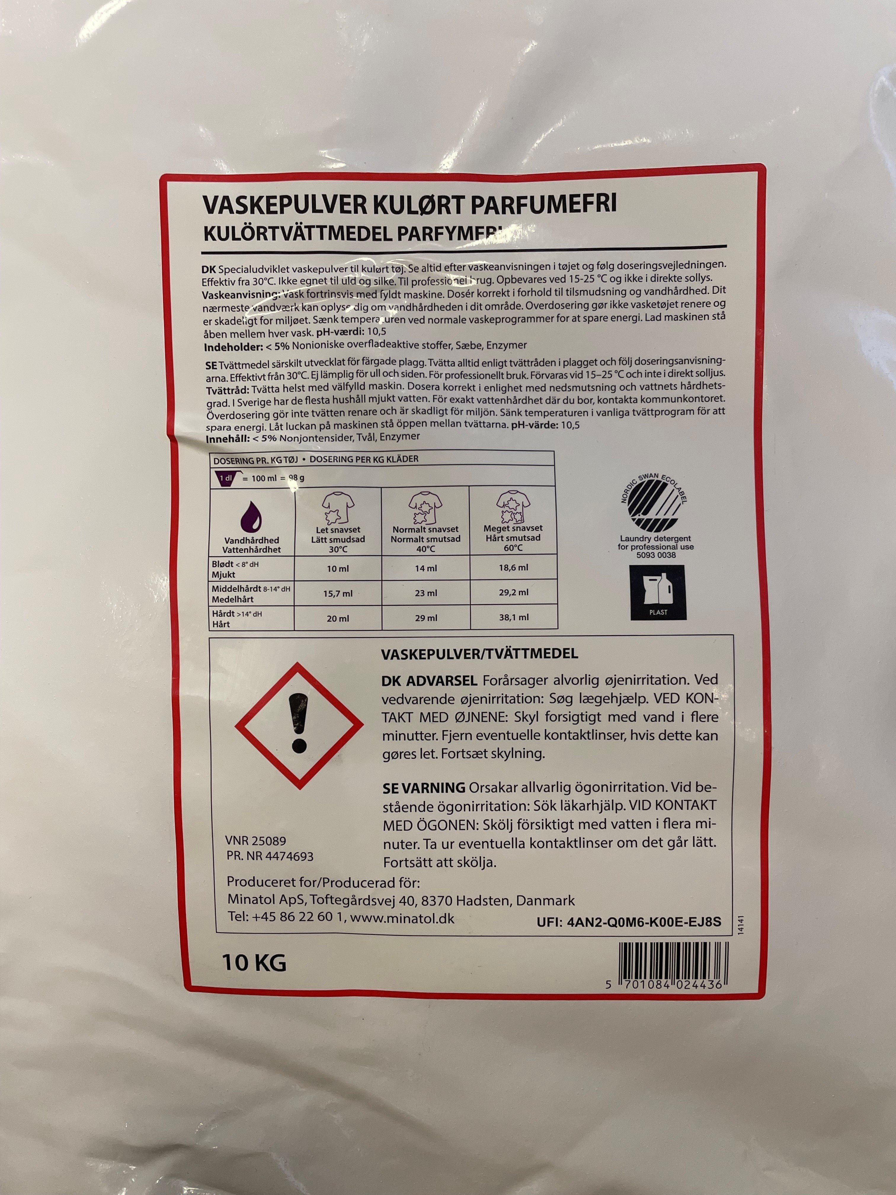 Total Rent Vaskepulver, parfumefri - 10 Kg. Svanem�rket